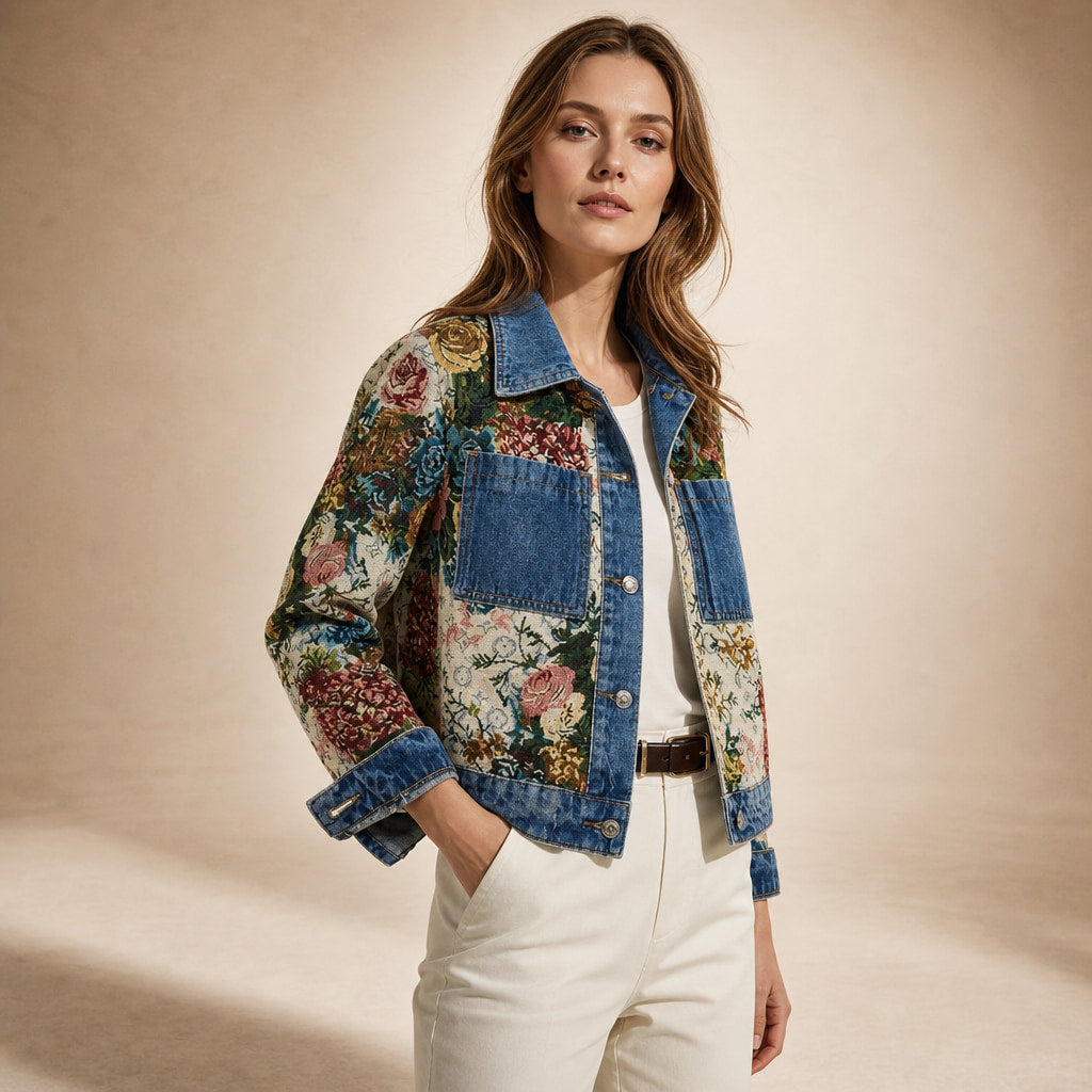 Camellia Floral Denim Jacket Dark Blue – Side Angle View