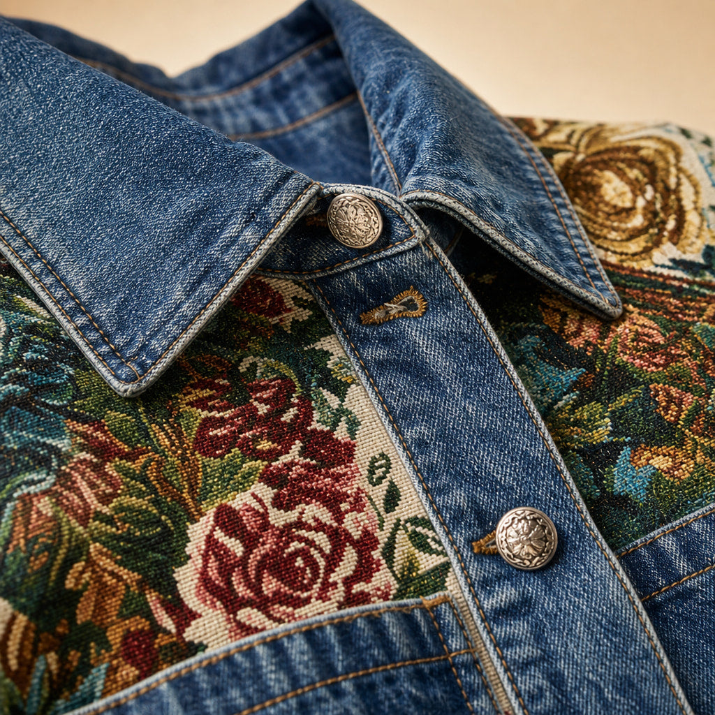 Camellia Floral Denim Jacket Dark Blue – Fabric and Detail Close-Up