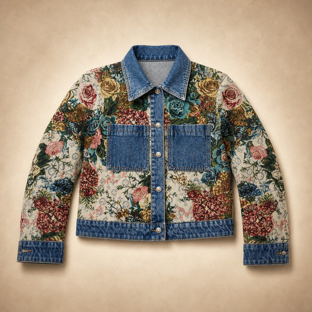 Camellia Floral Denim Jacket Dark Blue – Flat Lay Product Photo