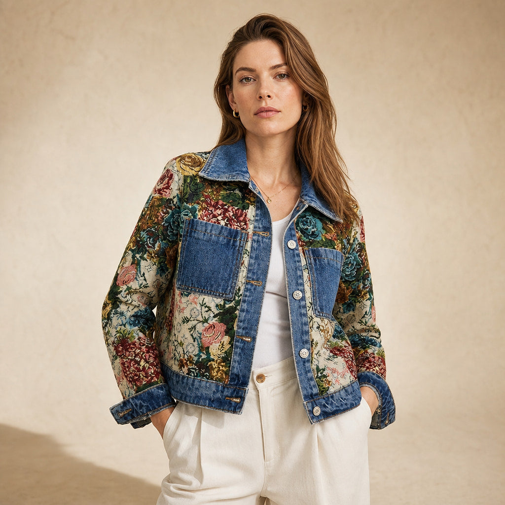 Camellia Floral Denim Jacket Dark Blue – Product Photo