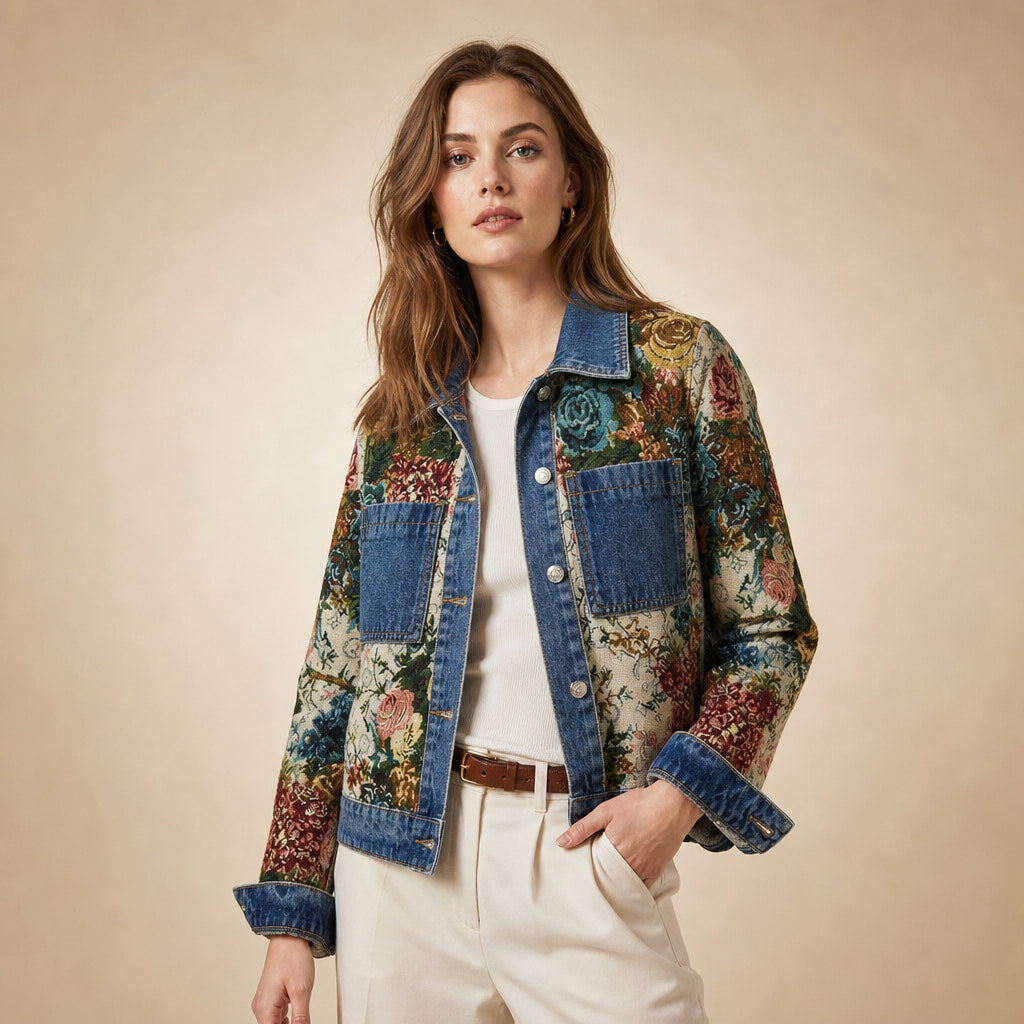 Camellia Floral Denim Jacket in Dark Blue – Mampierimoda Premium Womenswear