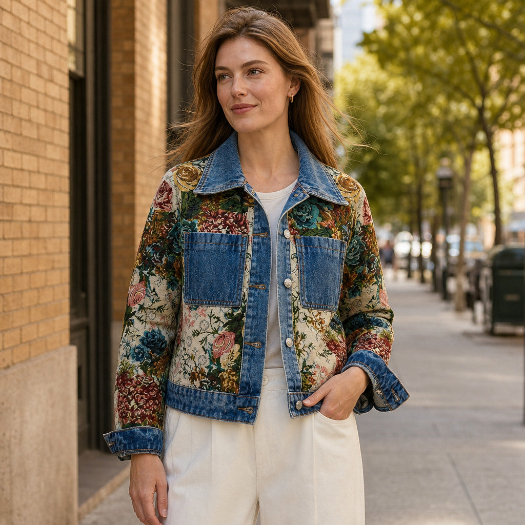 Camellia Floral Denim Jacket Dark Blue – Styled Editorial Shot