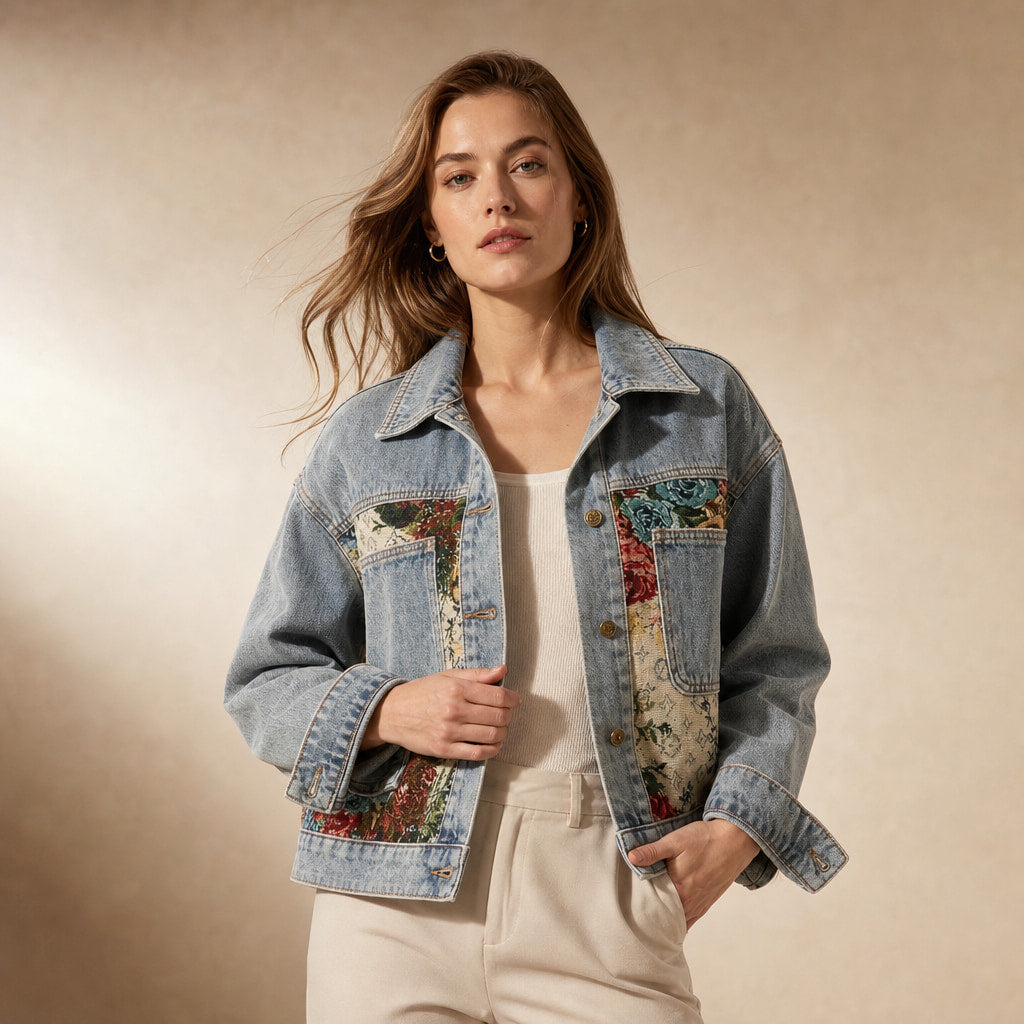Camellia Floral Denim Jacket Light Blue – Product Photo