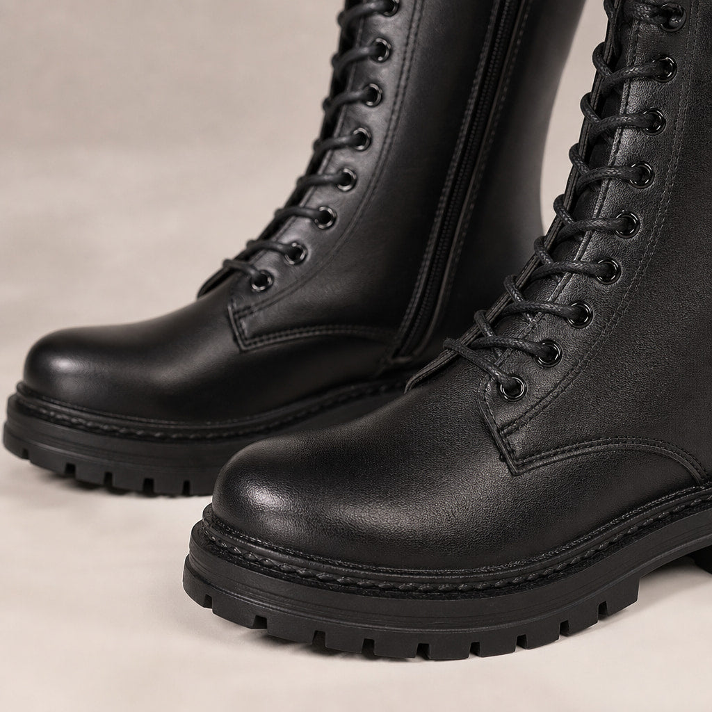 Bold And Statement Platform Lace-Up Knee High Boots – Fabric and Detail Close-Up
