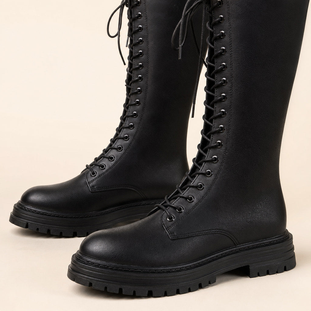 Bold And Statement Platform Lace-Up Knee High Boots – Fabric and Detail Close-Up