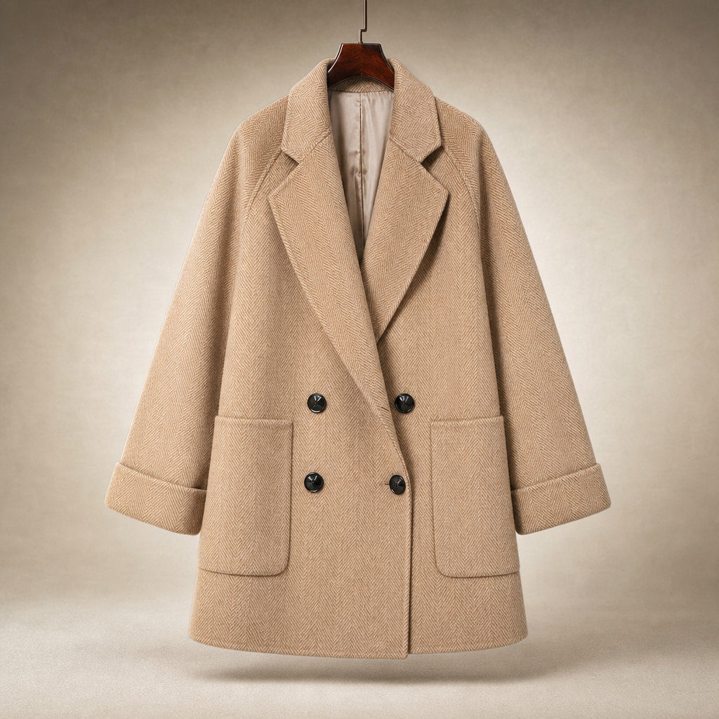Cappotto Doppiopetto in Lana Premium Autunnale con Colletto a Rever e Tasche Oversize Beige A – Product Photo