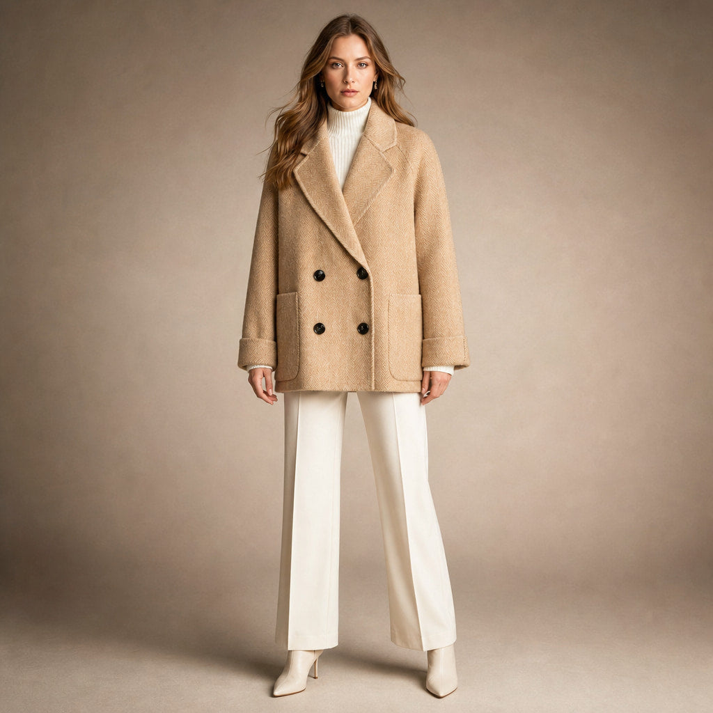 Cappotto Doppiopetto in Lana Premium Autunnale con Colletto a Rever e Tasche Oversize in Beige A – Mampierimoda Premium Wo...