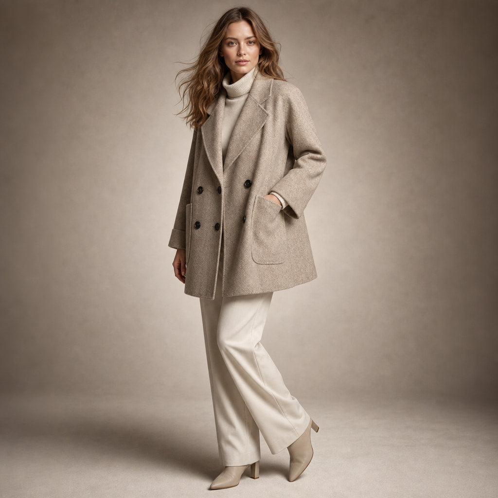 Cappotto Doppiopetto in Lana Premium Autunnale con Colletto a Rever e Tasche Oversize Beige e marrone – Side Angle View