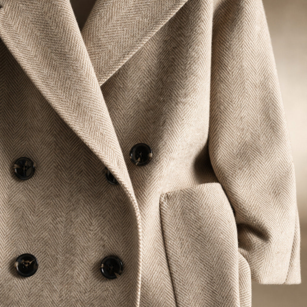 Cappotto Doppiopetto in Lana Premium Autunnale con Colletto a Rever e Tasche Oversize Beige e marrone – Fabric and Detail ...