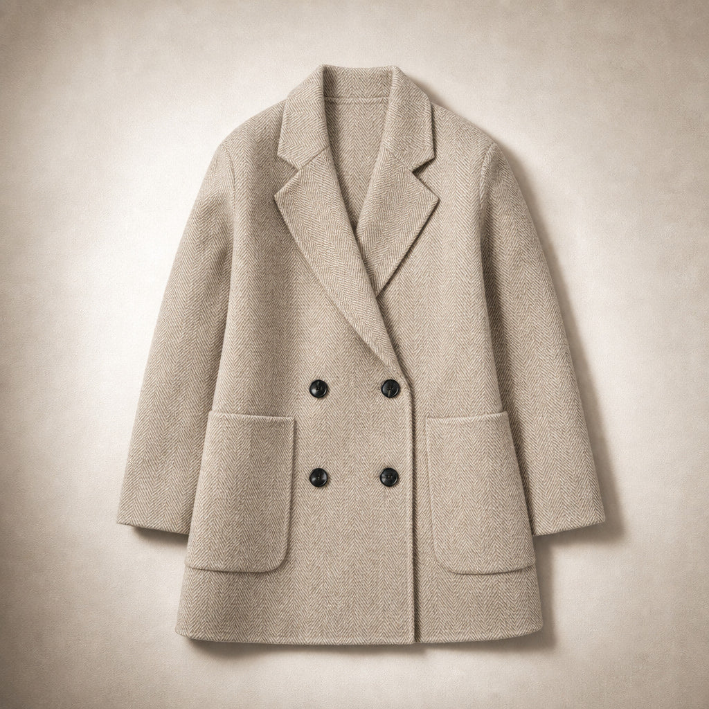 Cappotto Doppiopetto in Lana Premium Autunnale con Colletto a Rever e Tasche Oversize Beige e marrone – Flat Lay Product P...