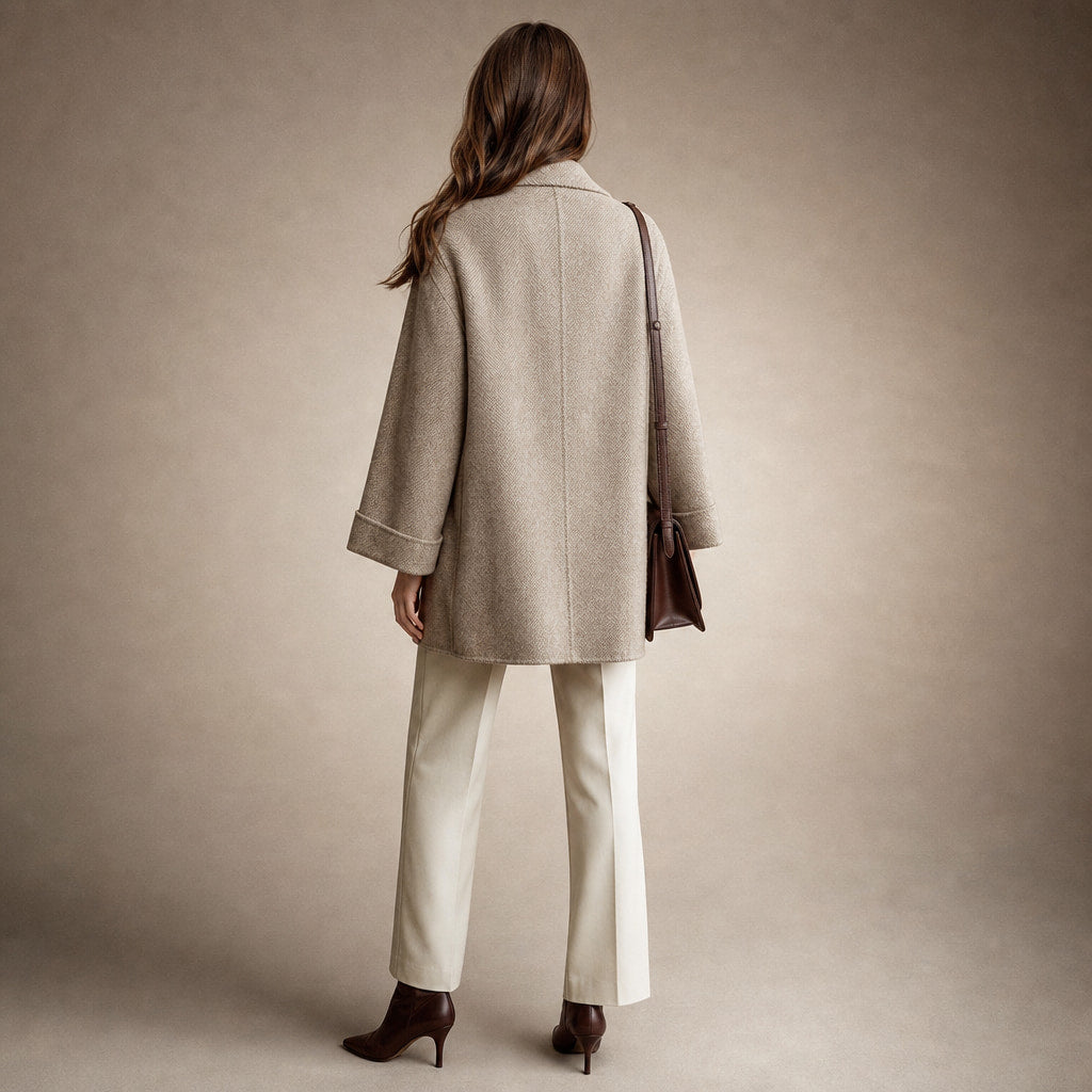 Cappotto Doppiopetto in Lana Premium Autunnale con Colletto a Rever e Tasche Oversize Beige e marrone – Full Look