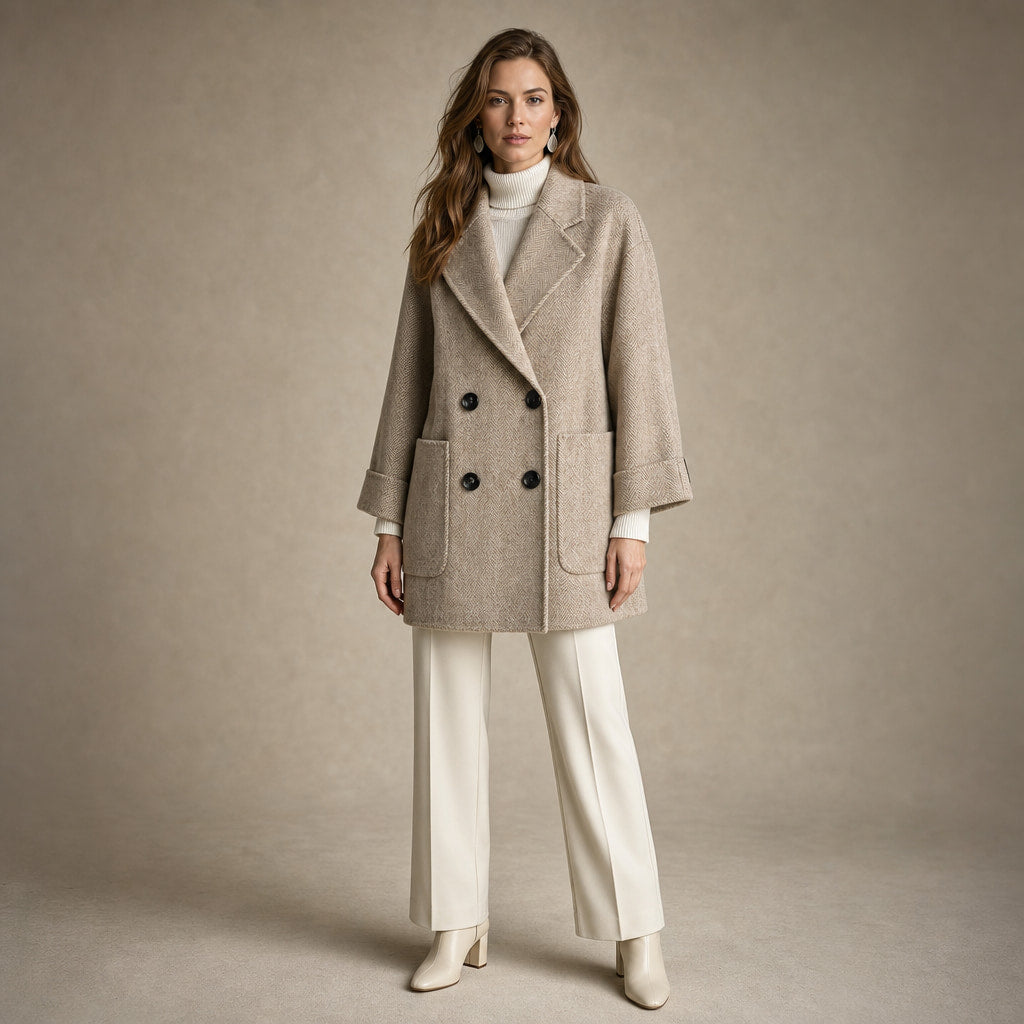 Cappotto Doppiopetto in Lana Premium Autunnale con Colletto a Rever e Tasche Oversize in Beige e marrone – Mampierimoda Pr...