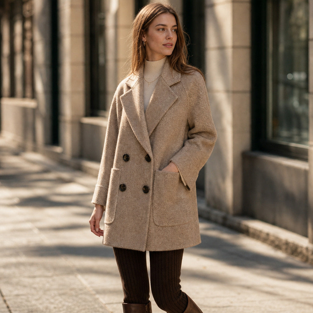 Cappotto Doppiopetto in Lana Premium Autunnale con Colletto a Rever e Tasche Oversize Beige e marrone – Styled Editorial Shot