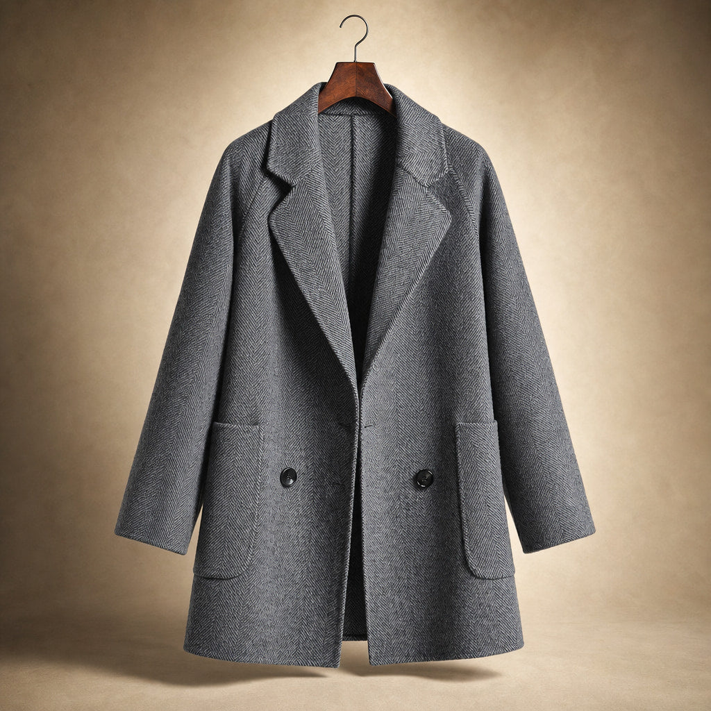 Cappotto Doppiopetto in Lana Premium Autunnale con Colletto a Rever e Tasche Oversize Grigio – Product Photo