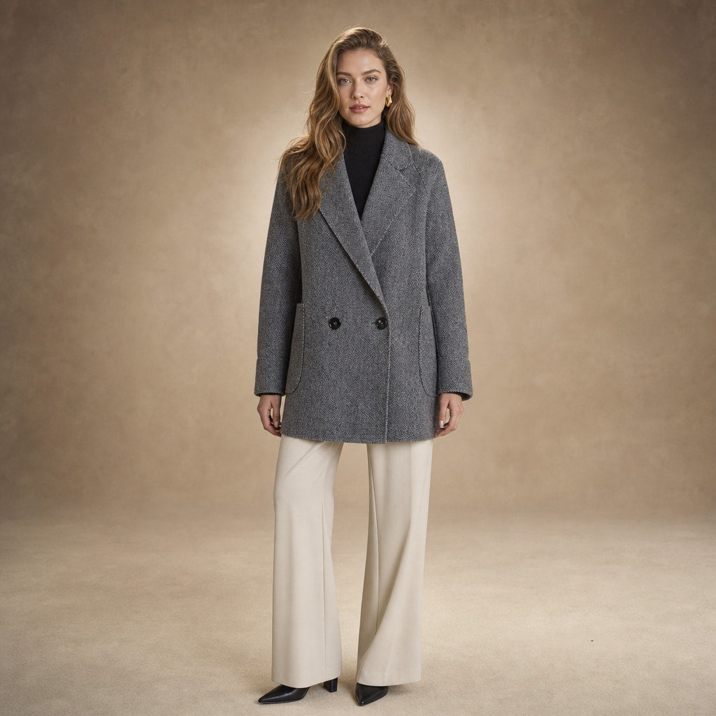 Cappotto Doppiopetto in Lana Premium Autunnale con Colletto a Rever e Tasche Oversize in Grigio – Mampierimoda Premium Wom...