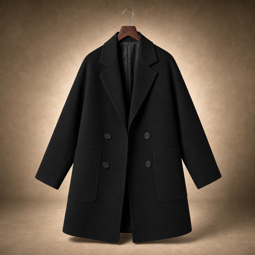 Cappotto Doppiopetto in Lana Premium Autunnale con Colletto a Rever e Tasche Oversize Nero – Product Photo