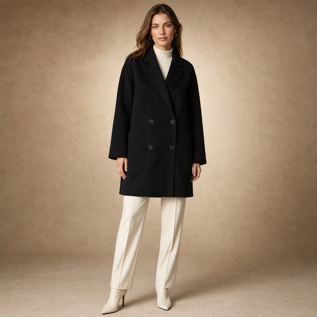 Cappotto Doppiopetto in Lana Premium Autunnale con Colletto a Rever e Tasche Oversize in Nero – Mampierimoda Premium Women...