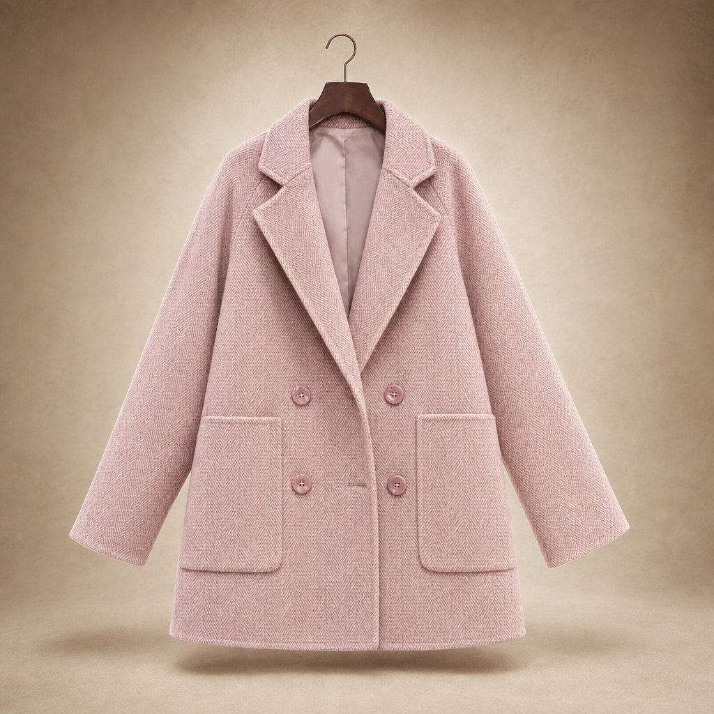 Cappotto Doppiopetto in Lana Premium Autunnale con Colletto a Rever e Tasche Oversize Rosa Pallido – Product Photo