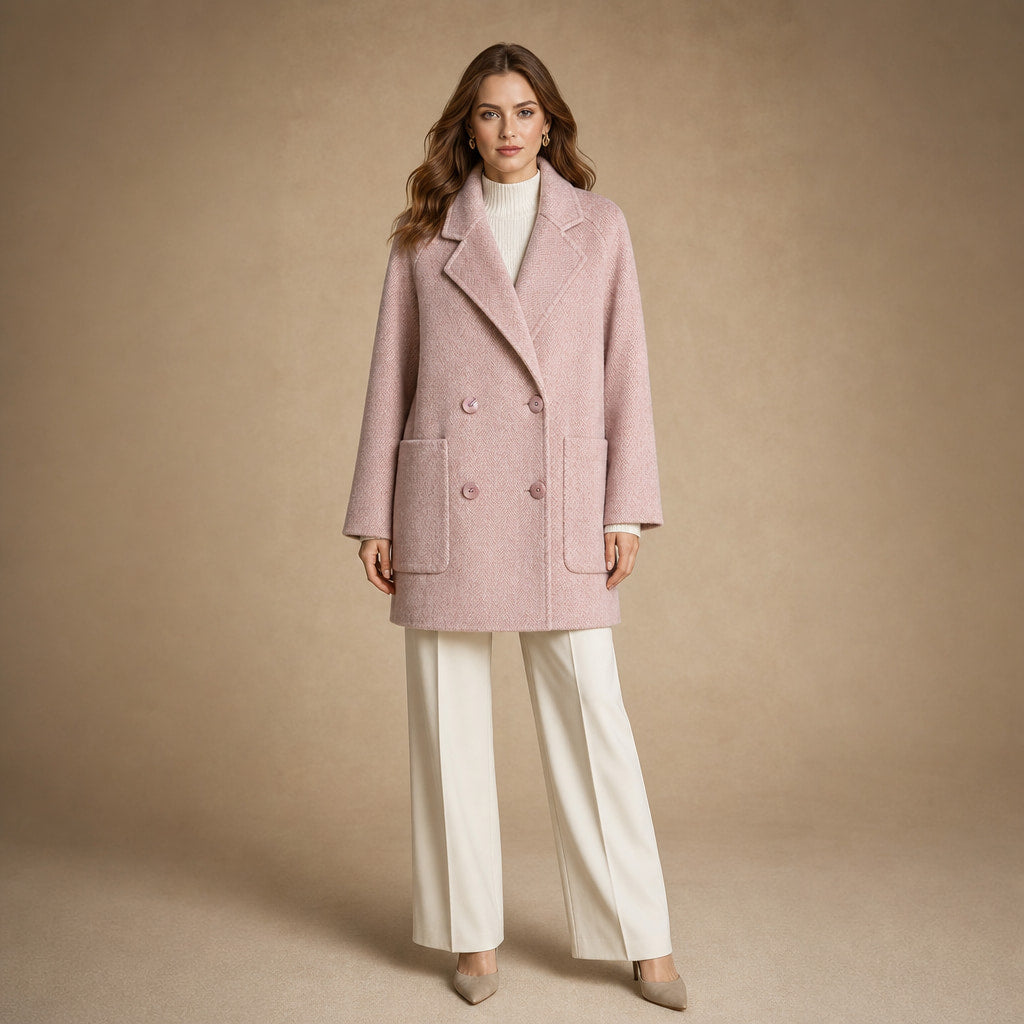 Cappotto Doppiopetto in Lana Premium Autunnale con Colletto a Rever e Tasche Oversize in Rosa Pallido – Mampierimoda Premi...