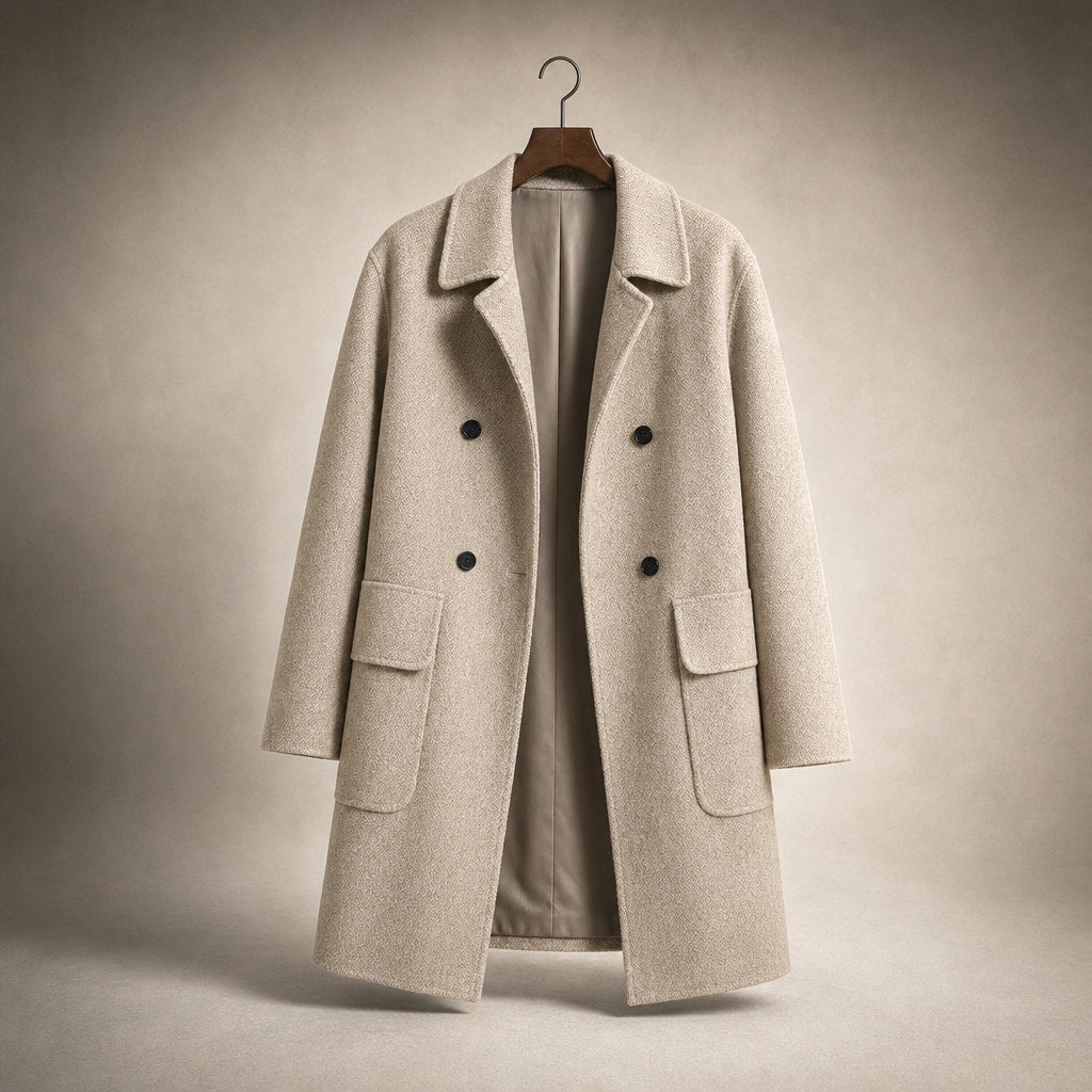 Cappotto doppiopetto medio lungo con tasche funzionali, perfetto per la stagione invernale Beige – Product Photo