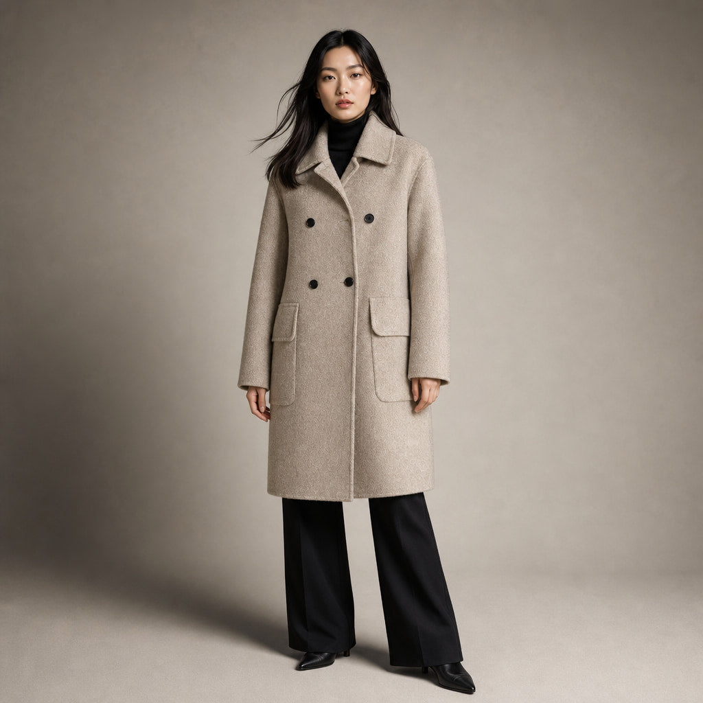 Cappotto doppiopetto medio lungo con tasche funzionali, perfetto per la stagione invernale in Beige – Mampierimoda Premium...