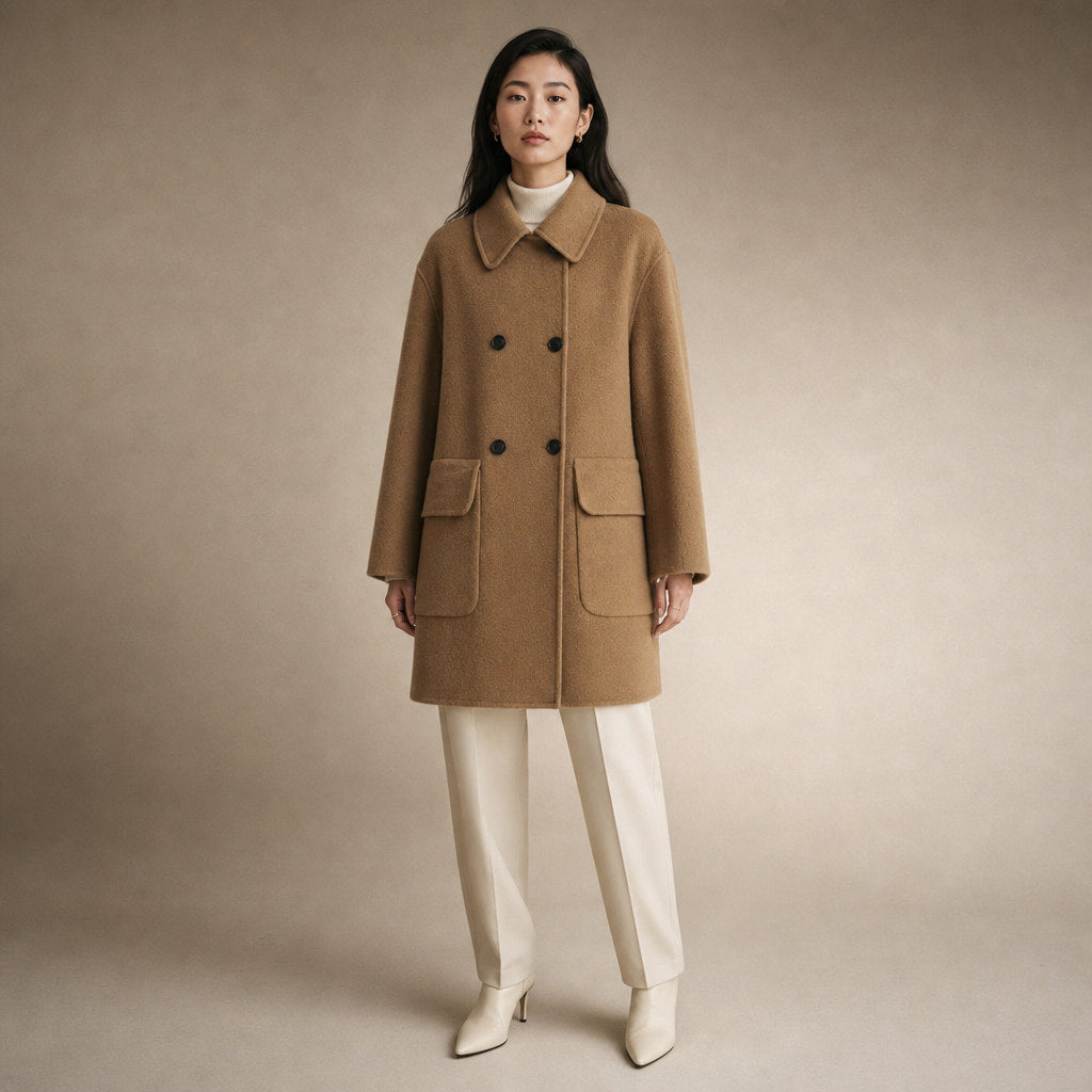 Cappotto doppiopetto medio lungo con tasche funzionali, perfetto per la stagione invernale in Marrone – Mampierimoda Premi...