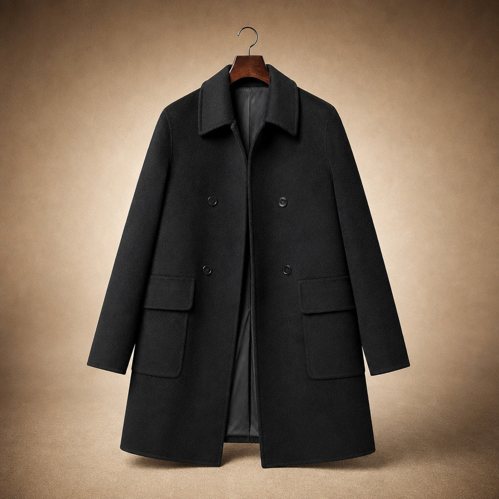 Cappotto doppiopetto medio lungo con tasche funzionali, perfetto per la stagione invernale Nero – Product Photo