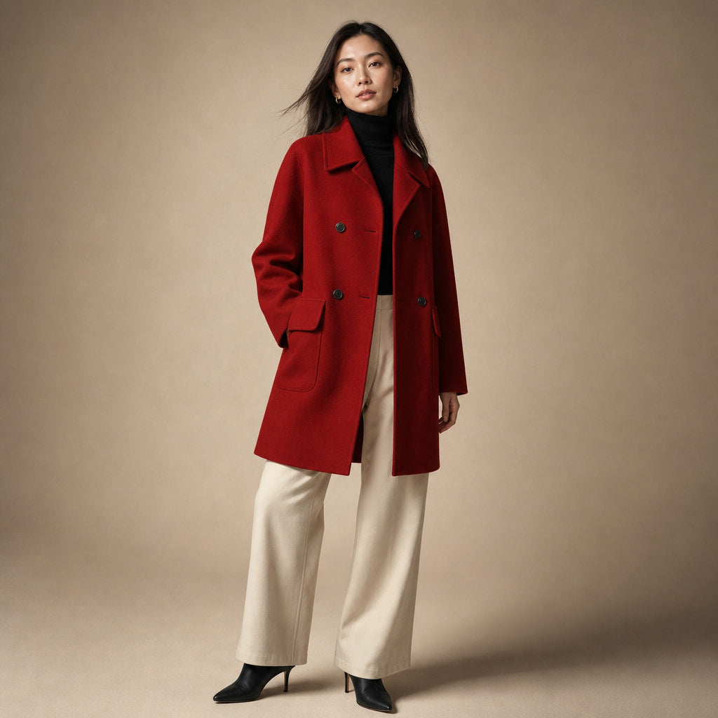 Cappotto doppiopetto medio lungo con tasche funzionali, perfetto per la stagione invernale Rosso – Side Angle View