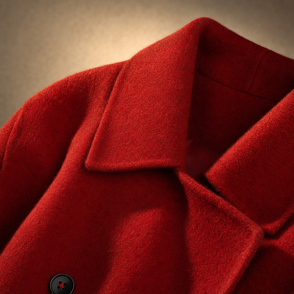 Cappotto doppiopetto medio lungo con tasche funzionali, perfetto per la stagione invernale Rosso – Fabric and Detail Close-Up