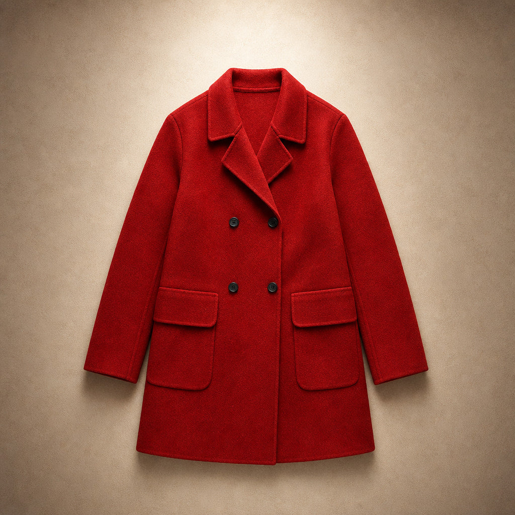 Cappotto doppiopetto medio lungo con tasche funzionali, perfetto per la stagione invernale Rosso – Flat Lay Product Photo