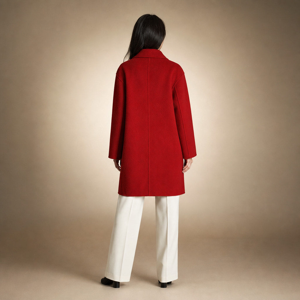 Cappotto doppiopetto medio lungo con tasche funzionali, perfetto per la stagione invernale Rosso – Full Look