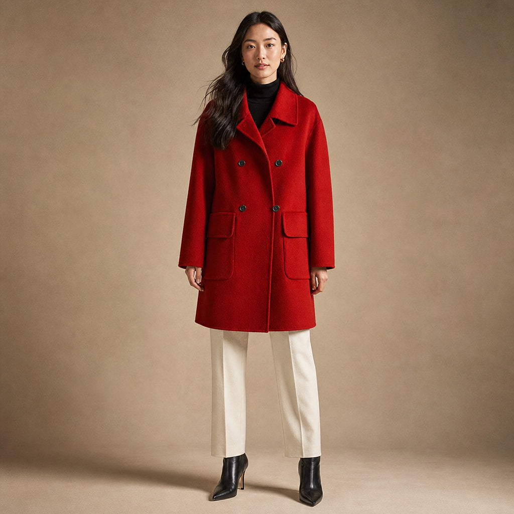Cappotto doppiopetto medio lungo con tasche funzionali, perfetto per la stagione invernale in Rosso – Mampierimoda Premium...