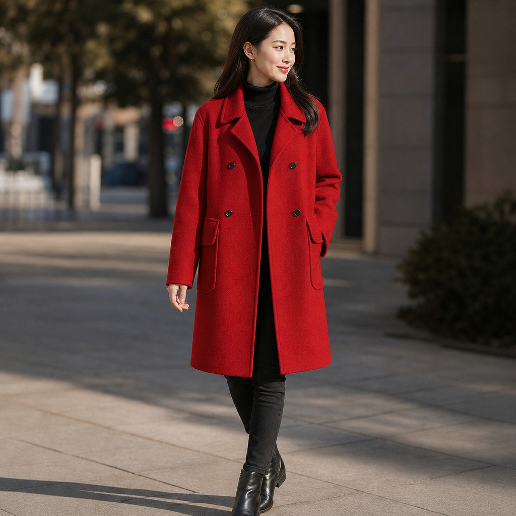 Cappotto doppiopetto medio lungo con tasche funzionali, perfetto per la stagione invernale Rosso – Styled Editorial Shot