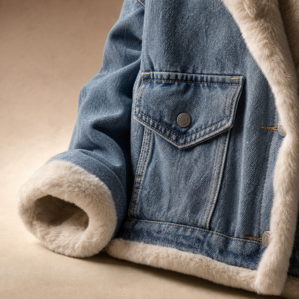 Fleece-Lined Denim Coat Oversized Sky Blue Sky Blue – Fabric and Detail Close-Up
