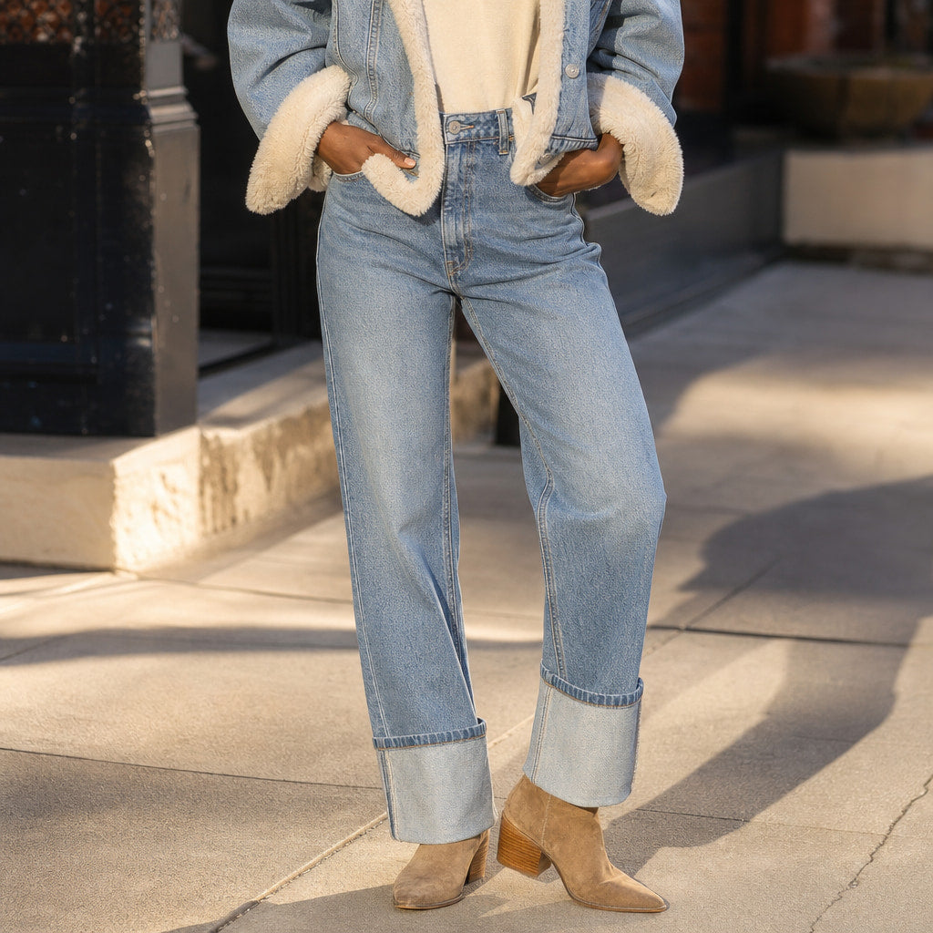 Fleece-Lined Denim Coat Oversized Sky Blue Sky Blue – Styled Editorial Shot