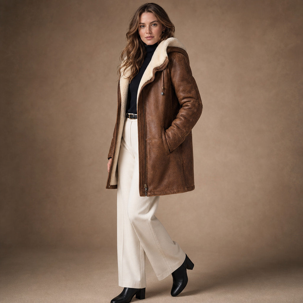 Cappotto Invernale Lungo da Donna con Cappuccio Marrone – Side Angle View