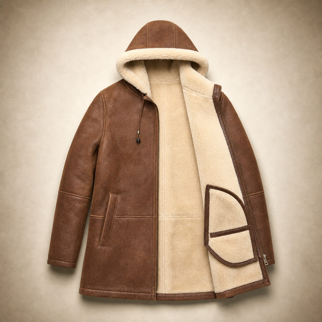 Cappotto Invernale Lungo da Donna con Cappuccio Marrone – Flat Lay Product Photo