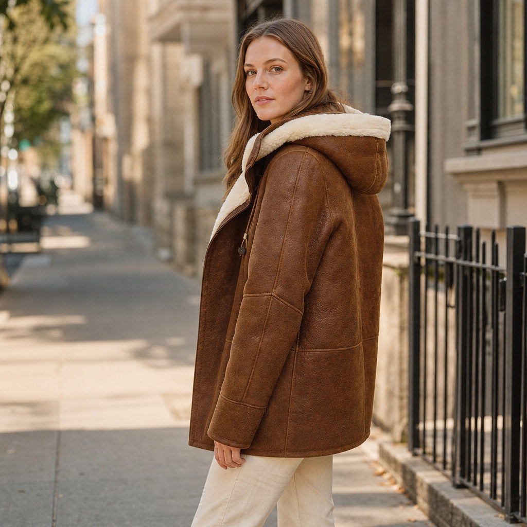 Cappotto Invernale Lungo da Donna con Cappuccio Marrone – Styled Editorial Shot