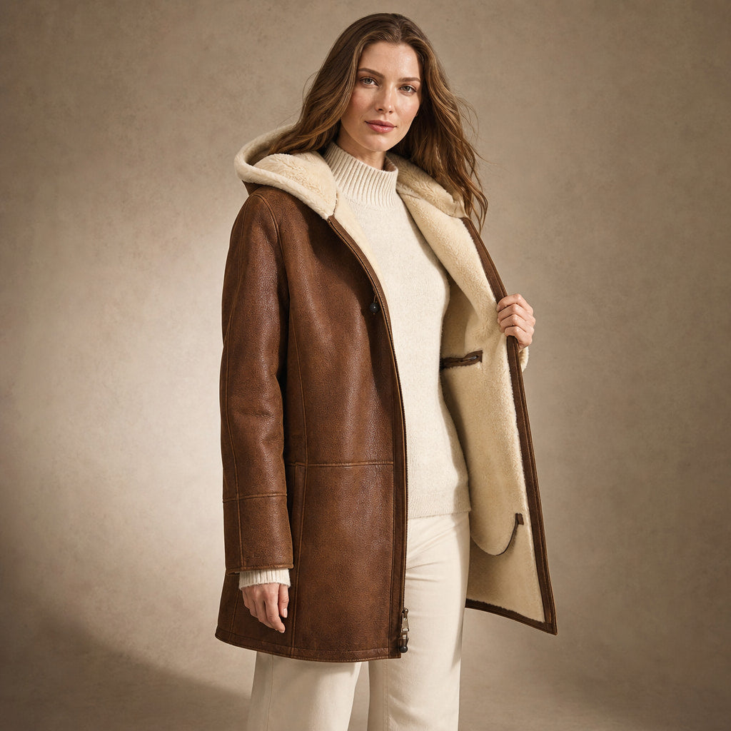 Cappotto Invernale Lungo da Donna con Cappuccio Marrone – Interior Lining Detail