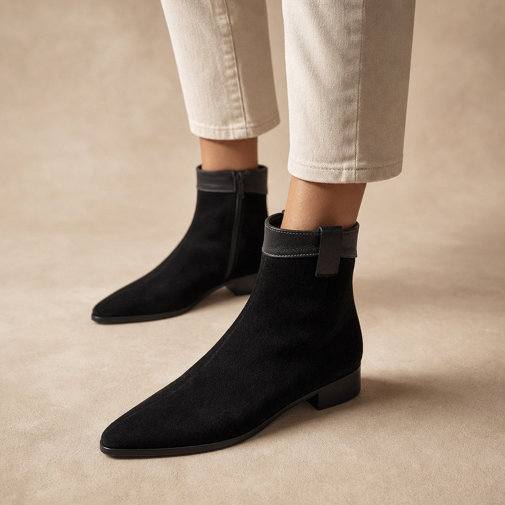 Carys Women's Suede Pointed Ankle Boots Black – Product Photo