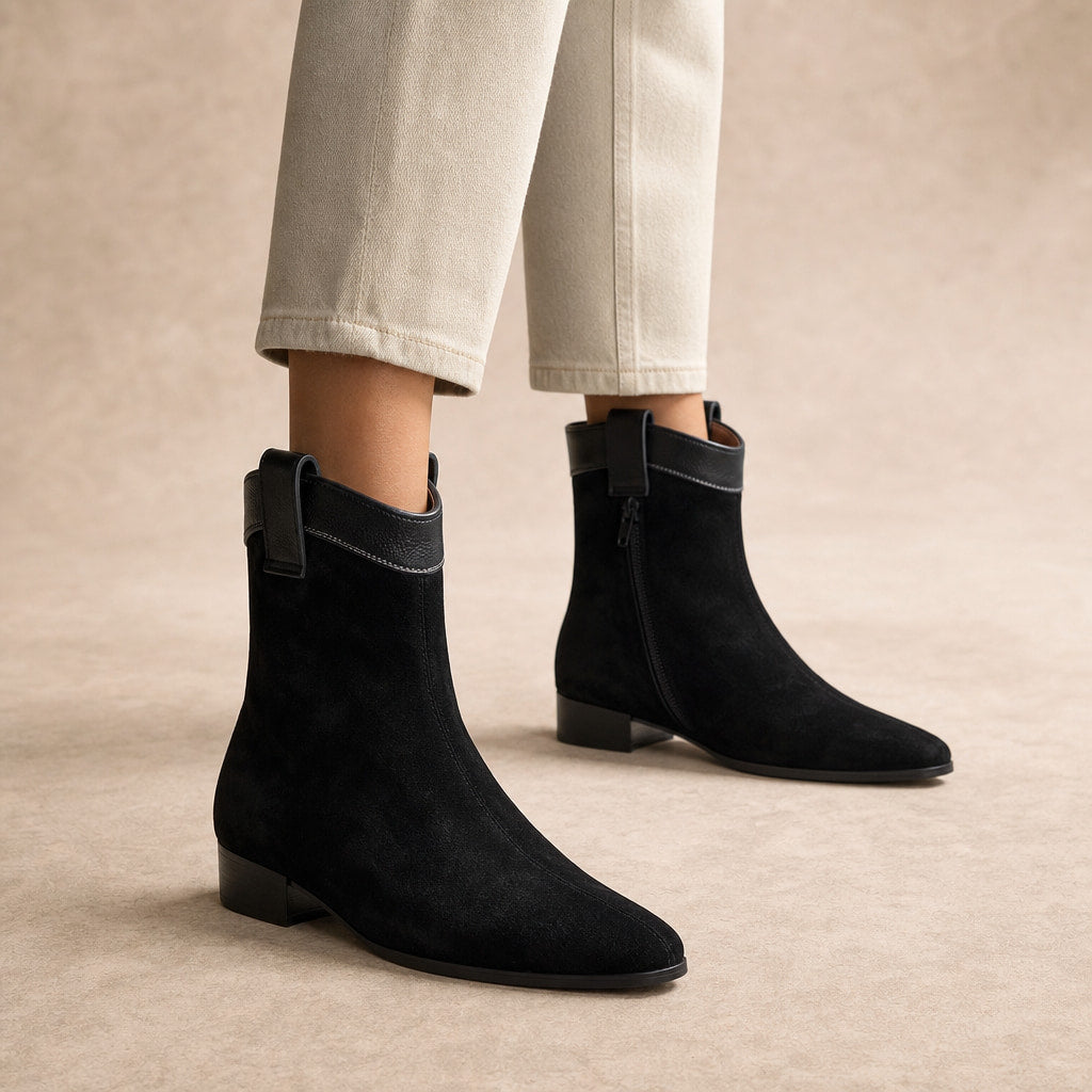 Carys Women's Suede Pointed Ankle Boots in Black – Mampierimoda Premium Womenswear