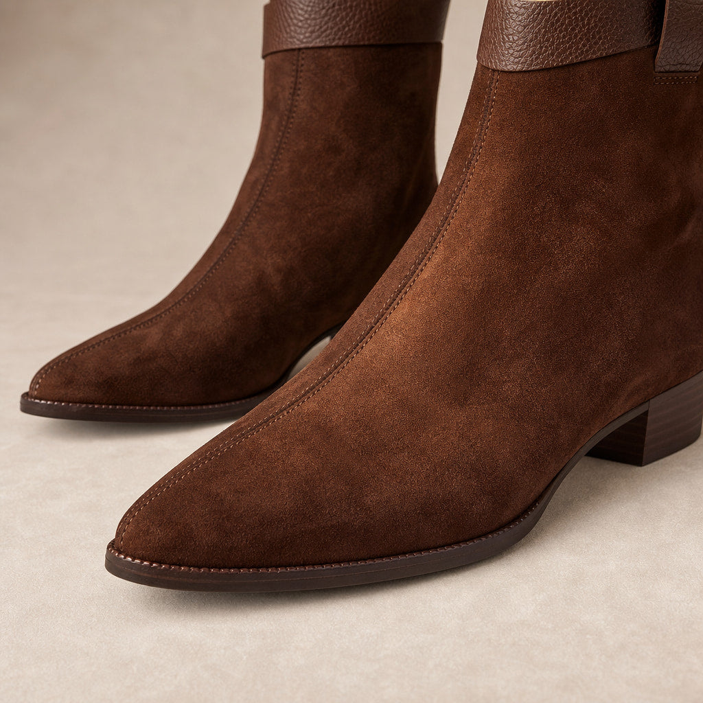 Carys Women's Suede Pointed Ankle Boots Brown – Fabric and Detail Close-Up