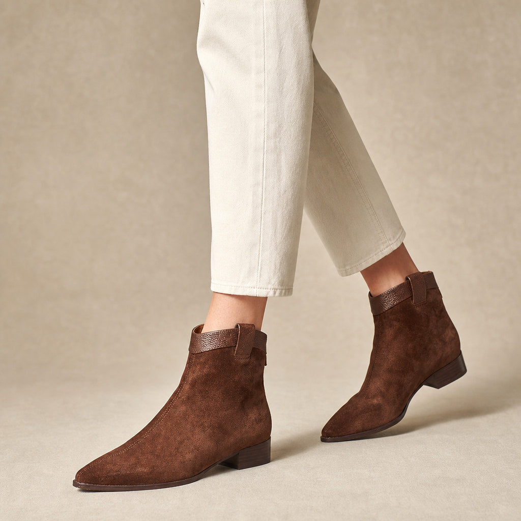 Carys Women's Suede Pointed Ankle Boots Brown – Product Photo