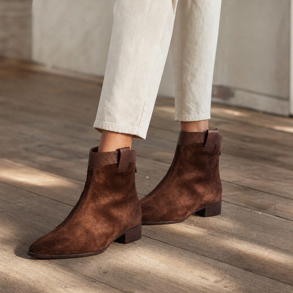 Carys Women's Suede Pointed Ankle Boots Brown – Styled Editorial Shot, Detail