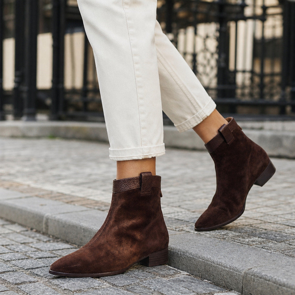 Carys Women's Suede Pointed Ankle Boots Brown – Styled Editorial Shot