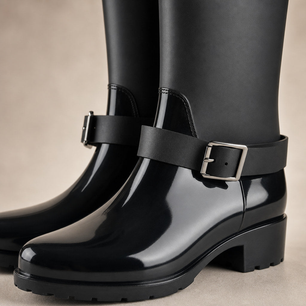 Celeste - Women's Waterproof Tall Rain Boots with Buckle Details Black – Fabric and Detail Close-Up