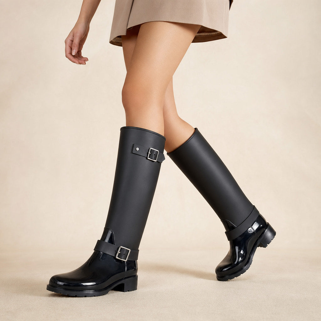 Celeste - Women's Waterproof Tall Rain Boots with Buckle Details Black – Product Photo