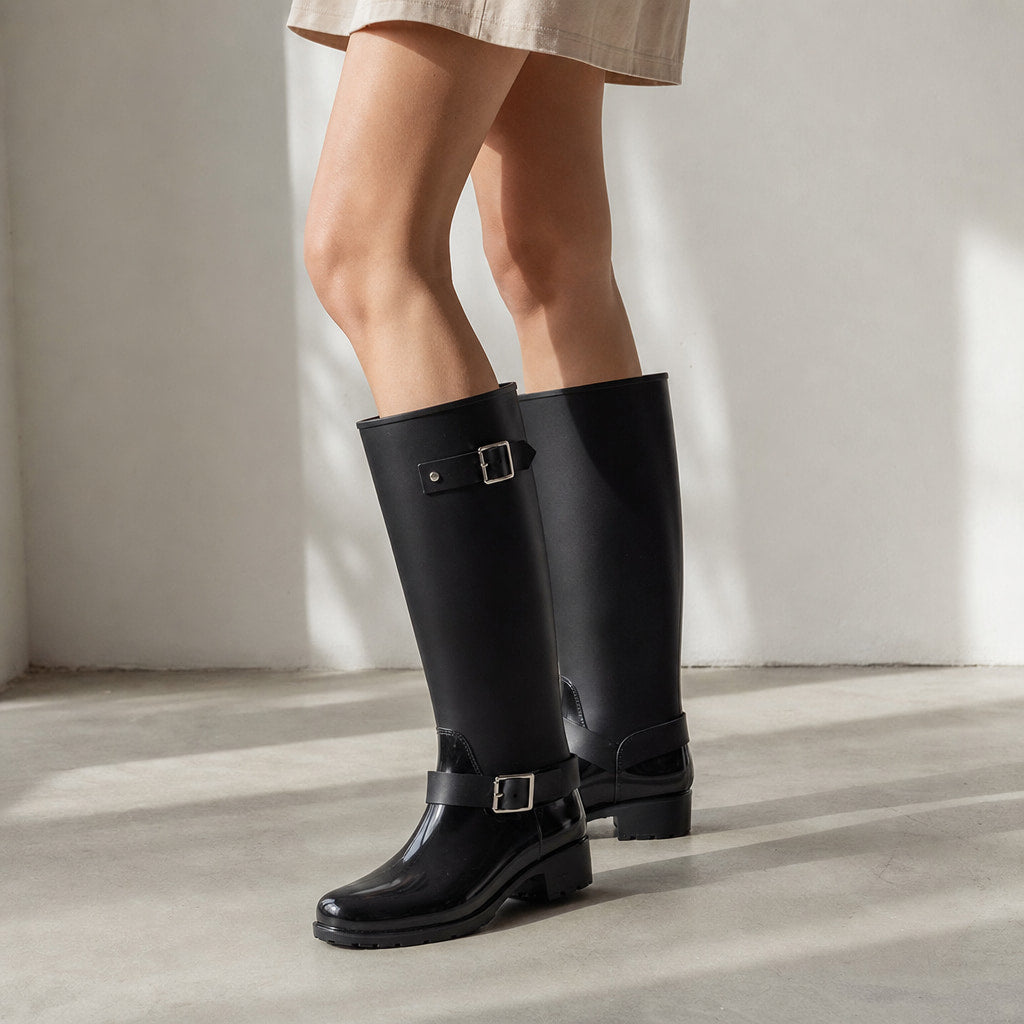 Celeste - Women's Waterproof Tall Rain Boots with Buckle Details Black – Styled Editorial Shot, Detail
