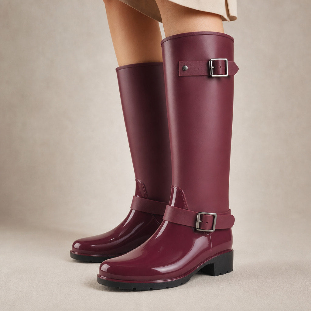 Celeste - Women's Waterproof Tall Rain Boots with Buckle Details Dark Red – Product Photo