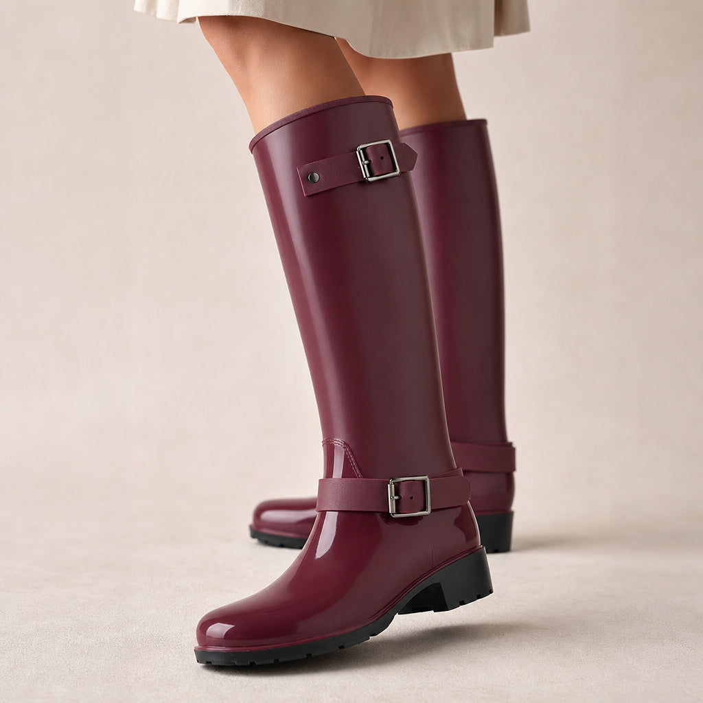 Celeste - Women's Waterproof Tall Rain Boots with Buckle Details in Dark Red – Mampierimoda Premium Womenswear